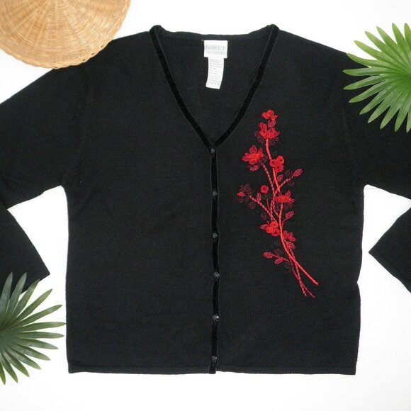 Vintage 90s Black Velvet Trim Wool Cardigan w/ Red Ribbon Floral Accent M - Picture 3 of 9